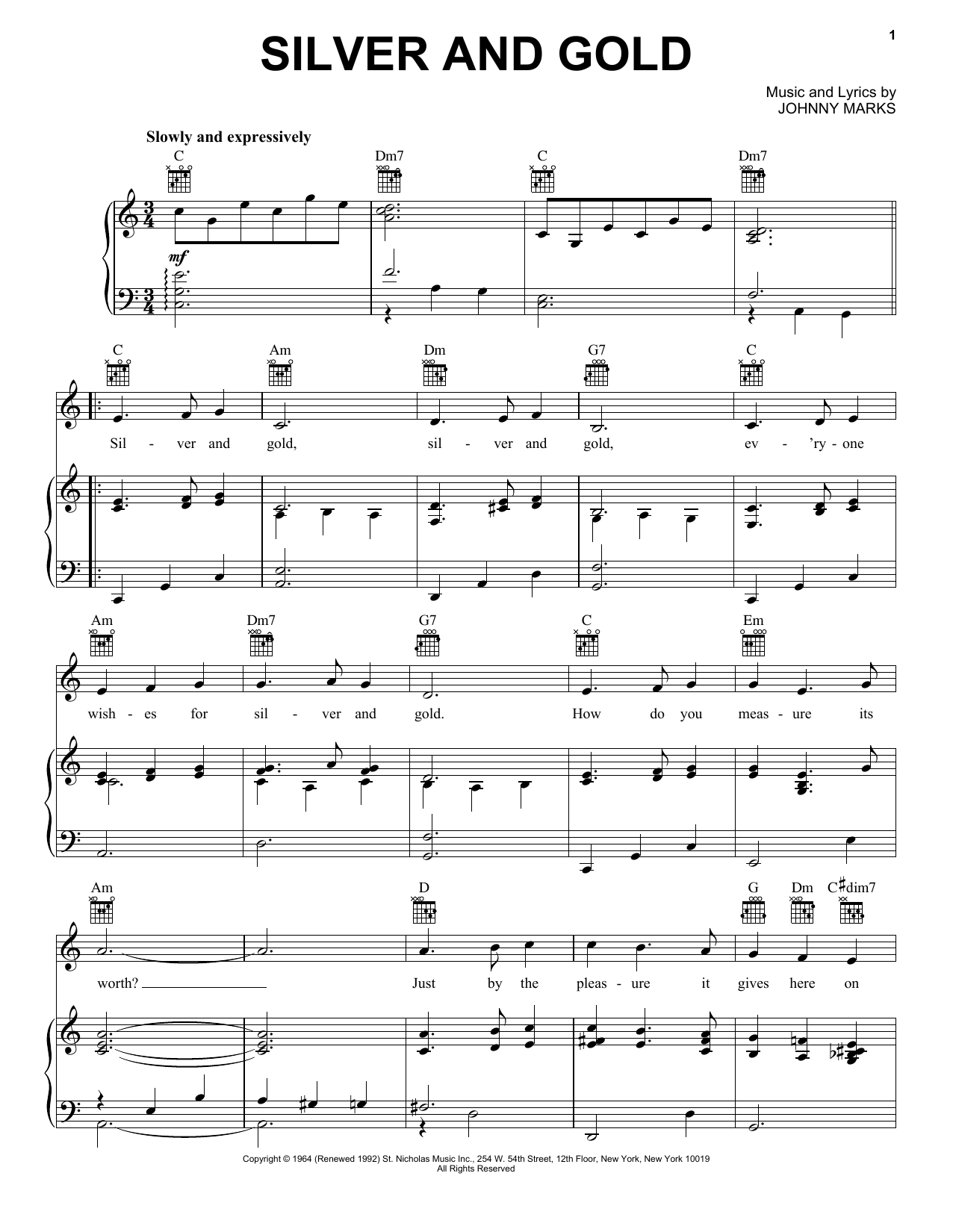 Johnny Marks Silver And Gold Sheet Music Notes & Chords for Easy Piano - Download or Print PDF