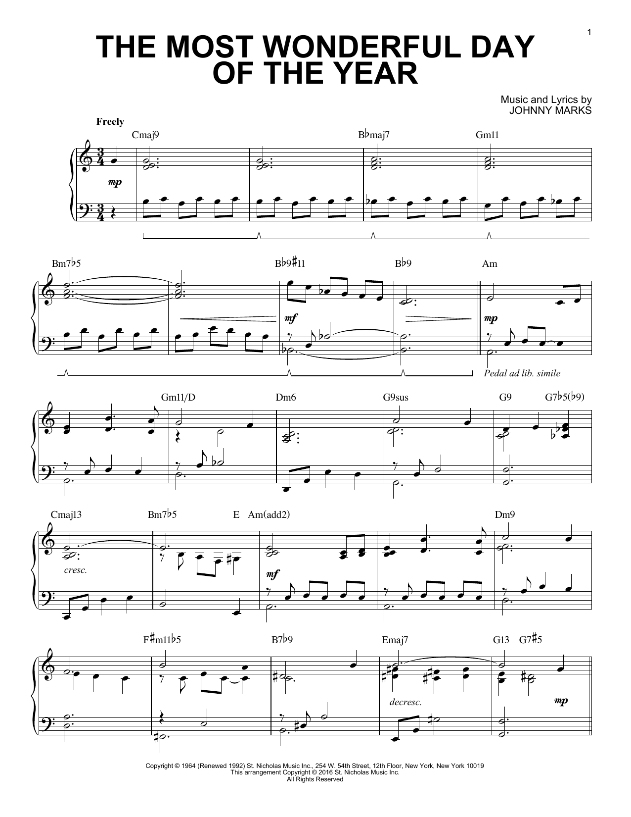 Johnny Marks The Most Wonderful Day Of The Year [Jazz version] (arr. Brent Edstrom) Sheet Music Notes & Chords for Piano - Download or Print PDF