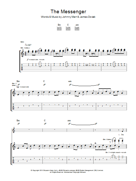 Johnny Marr The Messenger Sheet Music Notes & Chords for Guitar Tab - Download or Print PDF