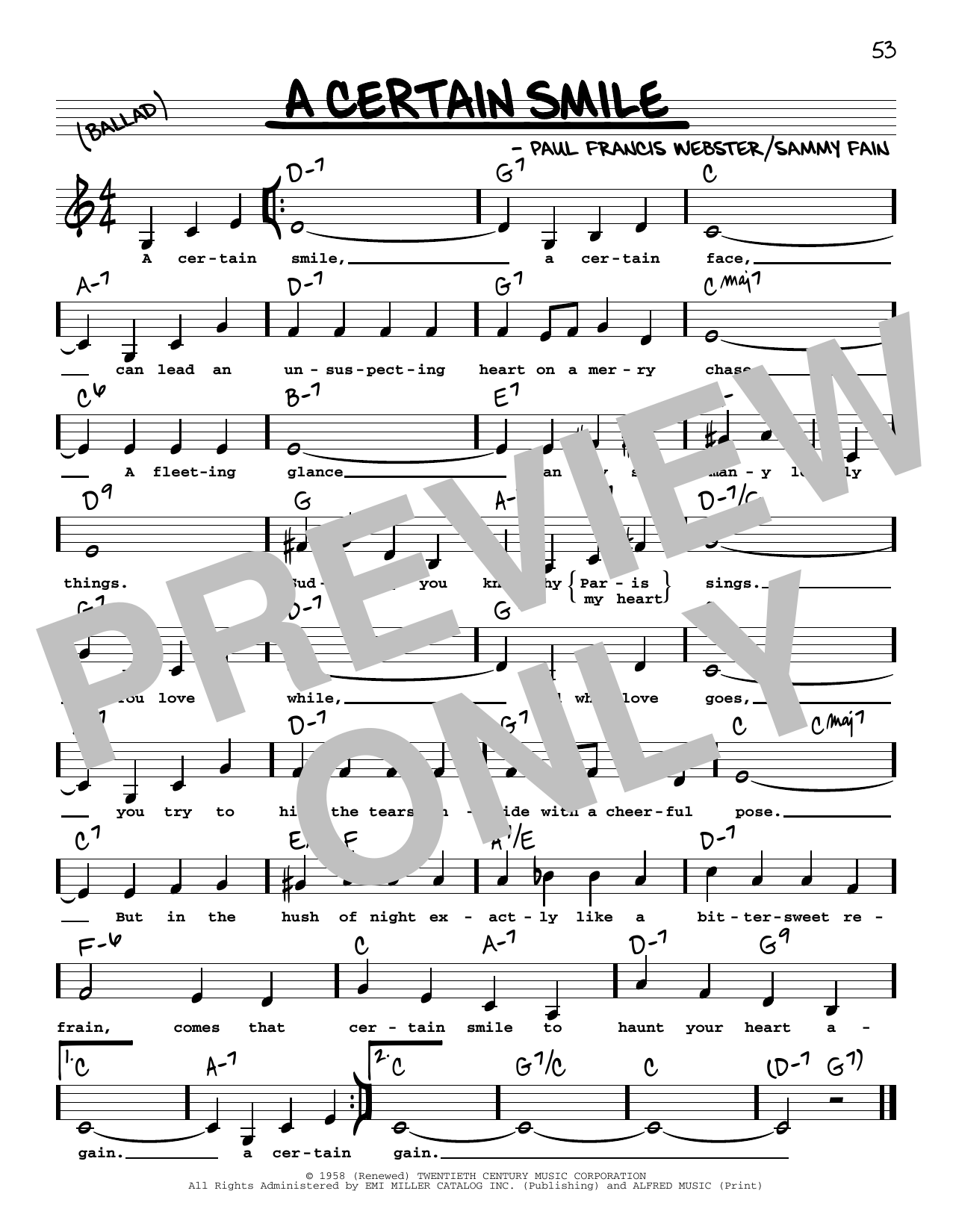 Johnny Mathis A Certain Smile (Low Voice) Sheet Music Notes & Chords for Real Book – Melody, Lyrics & Chords - Download or Print PDF