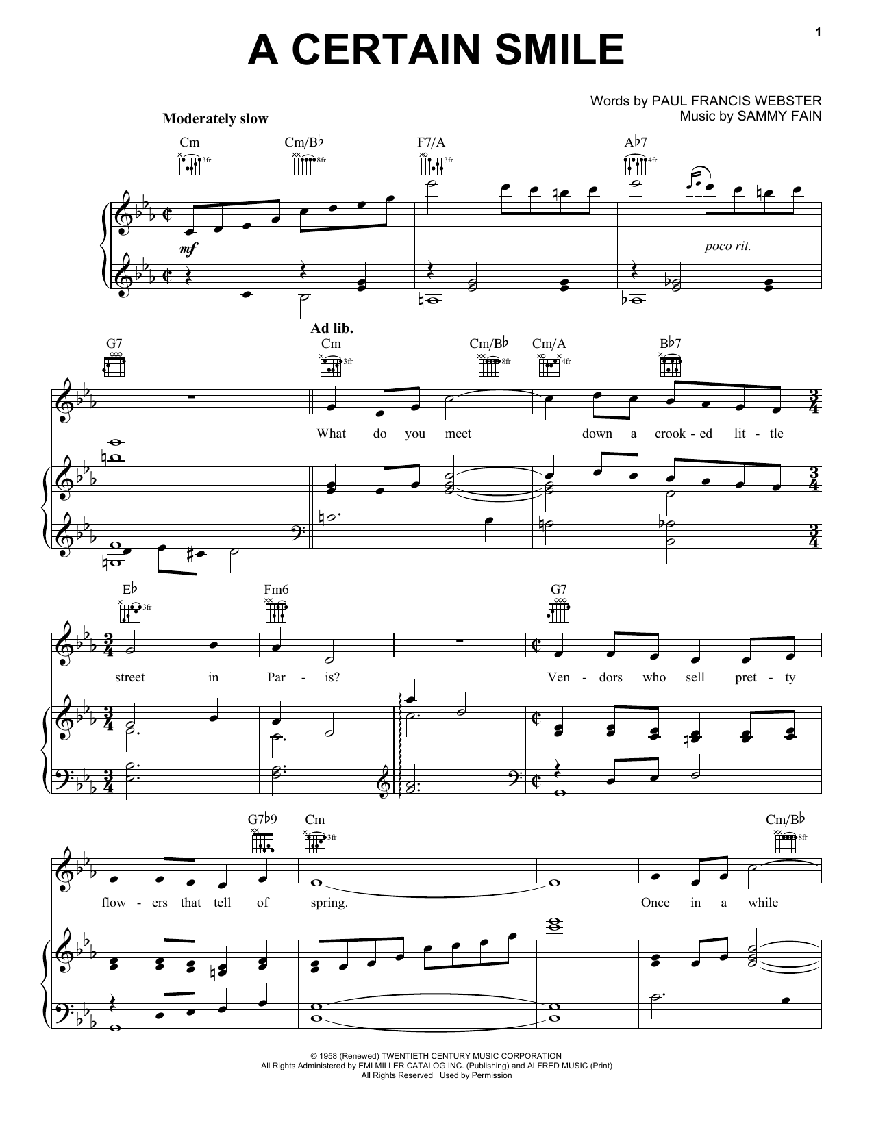 Johnny Mathis A Certain Smile Sheet Music Notes & Chords for Easy Piano - Download or Print PDF