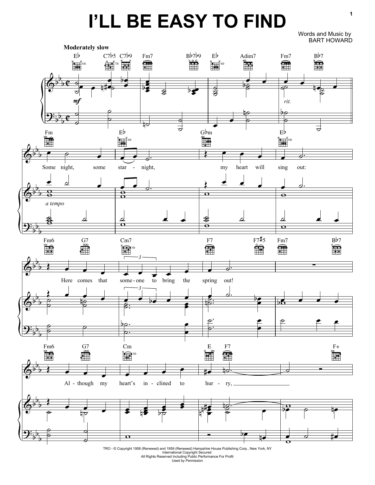 Johnny Mathis I'll Be Easy To Find Sheet Music Notes & Chords for Piano, Vocal & Guitar (Right-Hand Melody) - Download or Print PDF