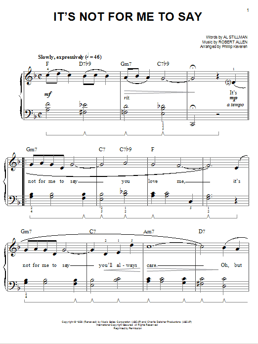 Johnny Mathis It's Not For Me To Say Sheet Music Notes & Chords for Easy Piano - Download or Print PDF