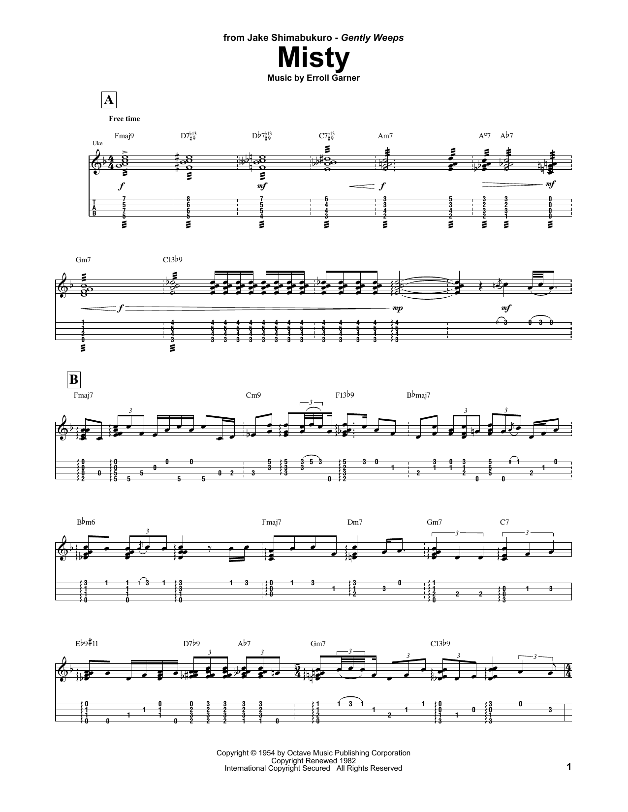 Johnny Mathis Misty (arr. Jake Shimabukuro) Sheet Music Notes & Chords for UKETAB - Download or Print PDF