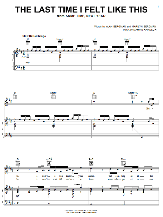 Johnny Mathis The Last Time I Felt Like This Sheet Music Notes & Chords for Piano, Vocal & Guitar (Right-Hand Melody) - Download or Print PDF