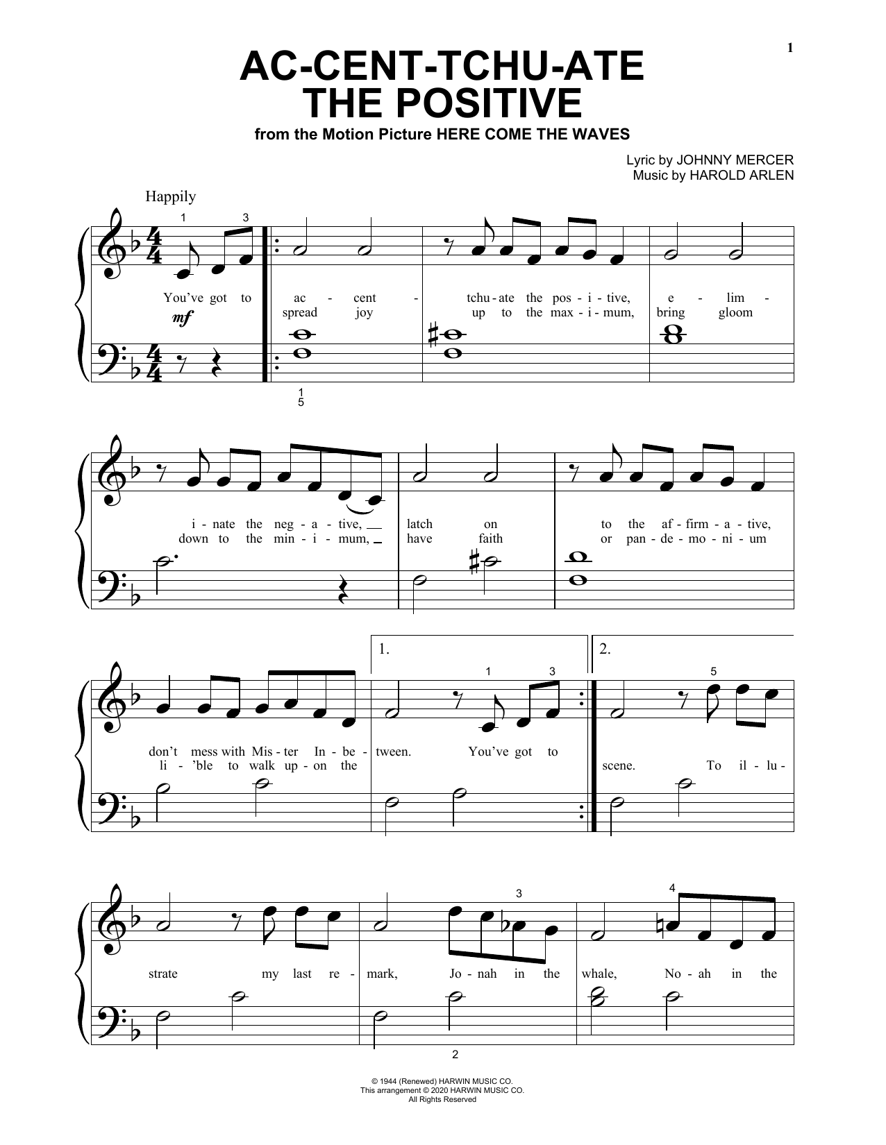 Johnny Mercer & Harold Arlen Ac-cent-tchu-ate The Positive (from Here Come the Waves) Sheet Music Notes & Chords for Big Note Piano - Download or Print PDF