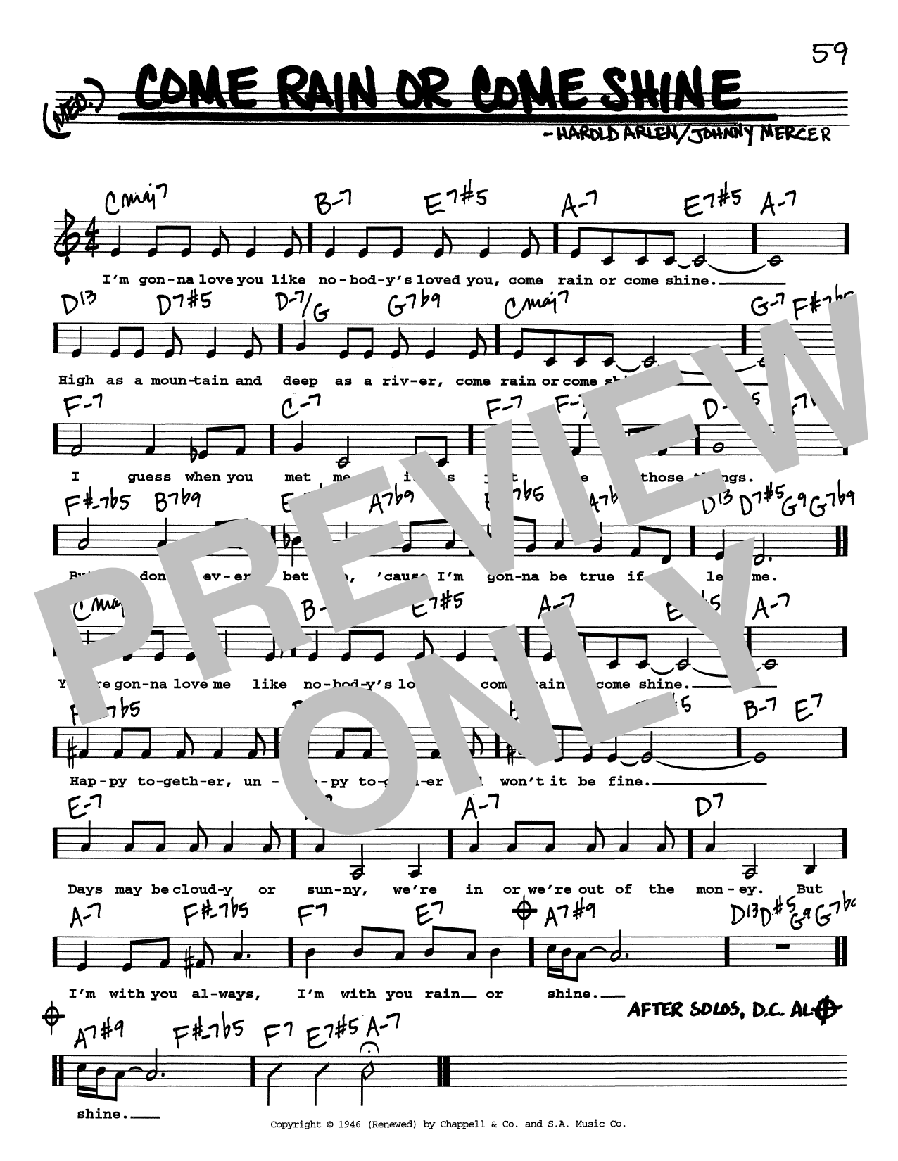 Johnny Mercer & Harold Arlen Come Rain Or Come Shine (Low Voice) Sheet Music Notes & Chords for Real Book – Melody, Lyrics & Chords - Download or Print PDF