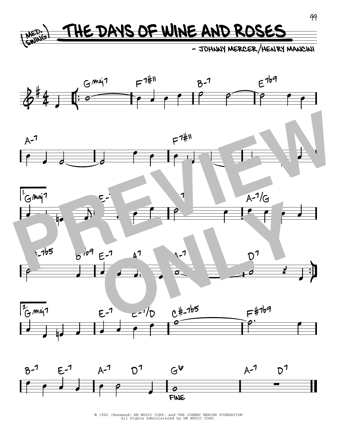 Johnny Mercer & Henry Mancini Days Of Wine And Roses Sheet Music Notes & Chords for Real Book – Melody & Chords - Download or Print PDF