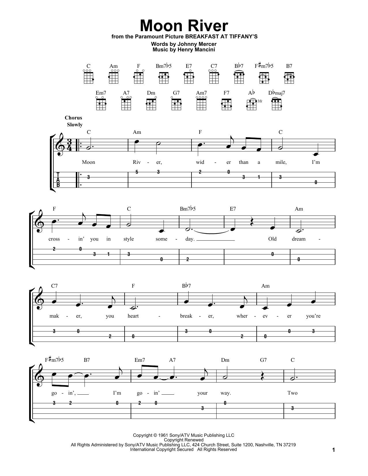 Johnny Mercer & Henry Mancini Moon River Sheet Music Notes & Chords for Ukulele - Download or Print PDF