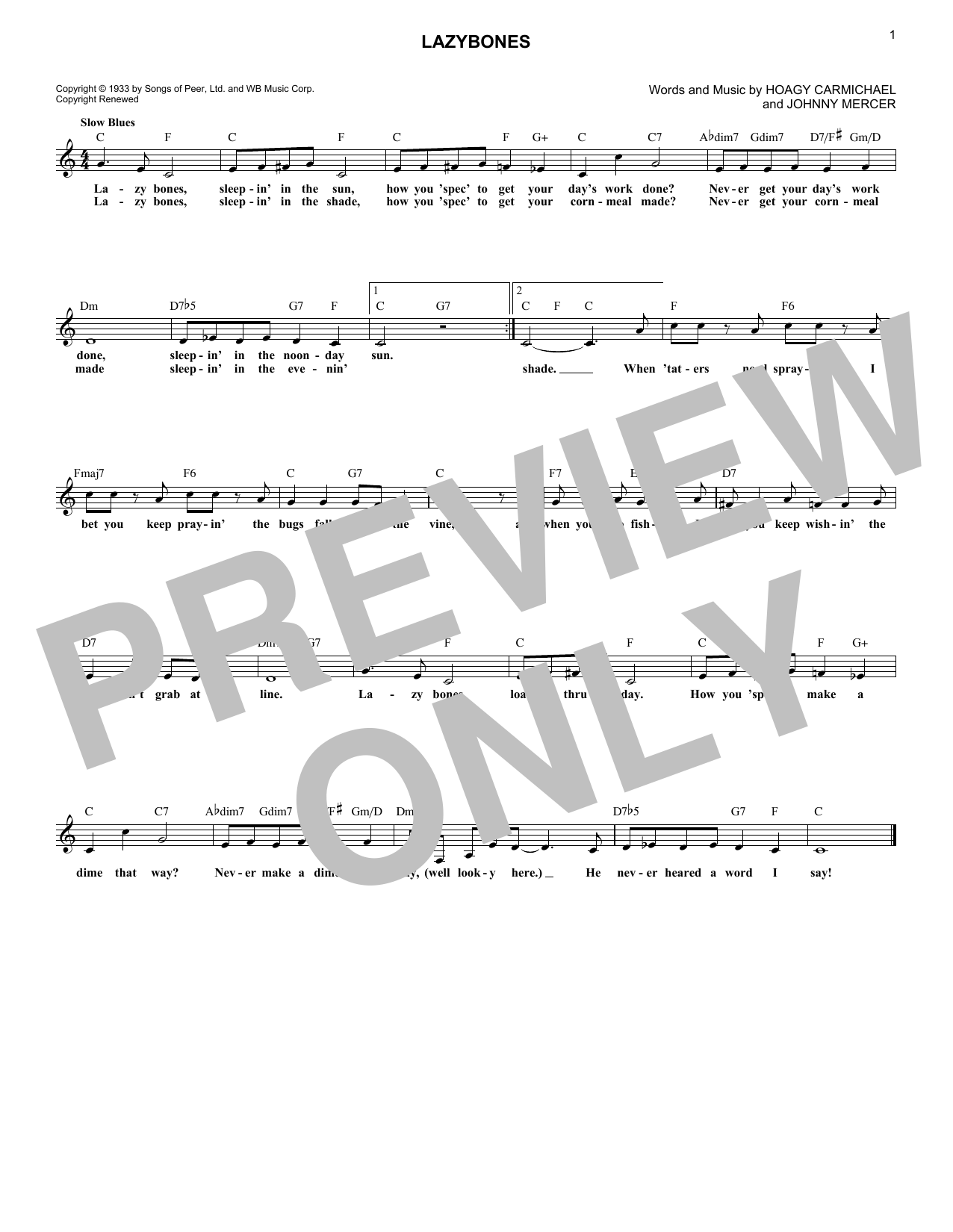 Johnny Mercer & Hoagy Carmichael Lazybones Sheet Music Notes & Chords for Lead Sheet / Fake Book - Download or Print PDF