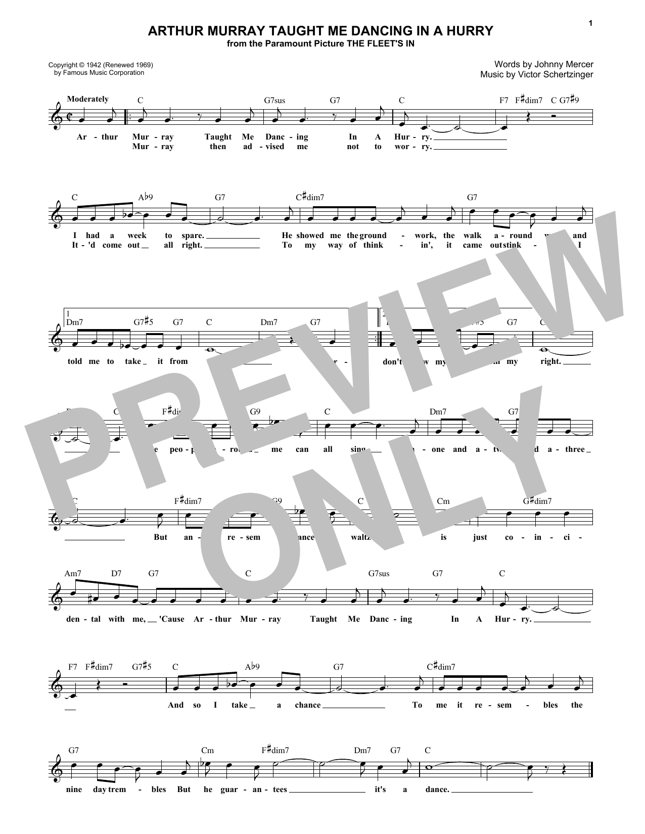 Johnny Mercer Arthur Murray Taught Me Dancing In A Hurry Sheet Music Notes & Chords for Melody Line, Lyrics & Chords - Download or Print PDF