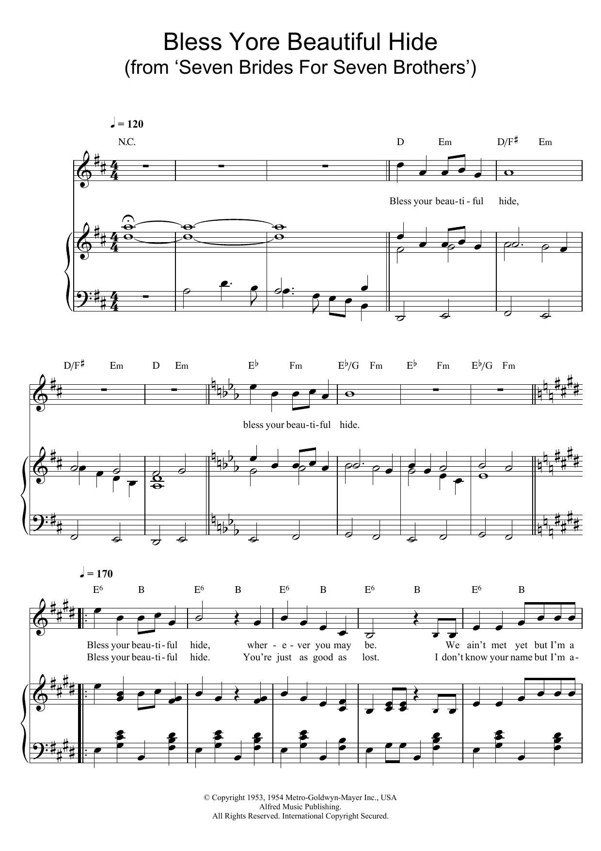 Johnny Mercer Bless Yore Beautiful Hide (from 'Seven Brides For Seven Brothers') Sheet Music Notes & Chords for Piano, Vocal & Guitar (Right-Hand Melody) - Download or Print PDF