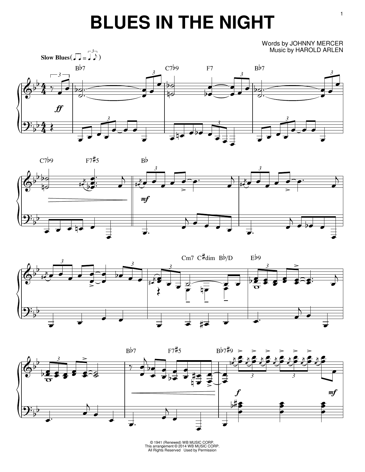 Johnny Mercer Blues In The Night [Jazz version] (arr. Brent Edstrom) Sheet Music Notes & Chords for Piano - Download or Print PDF