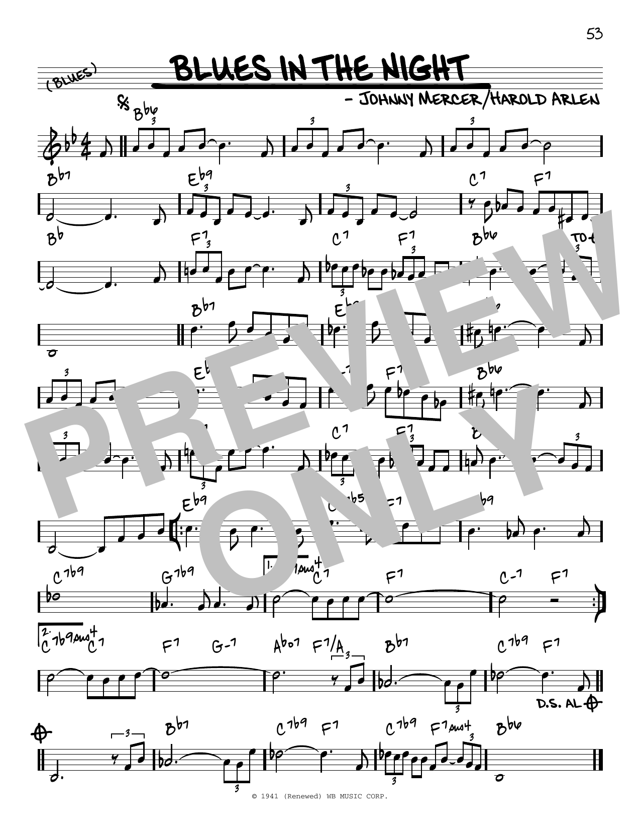 Johnny Mercer Blues In The Night Sheet Music Notes & Chords for Real Book – Melody & Chords - Download or Print PDF