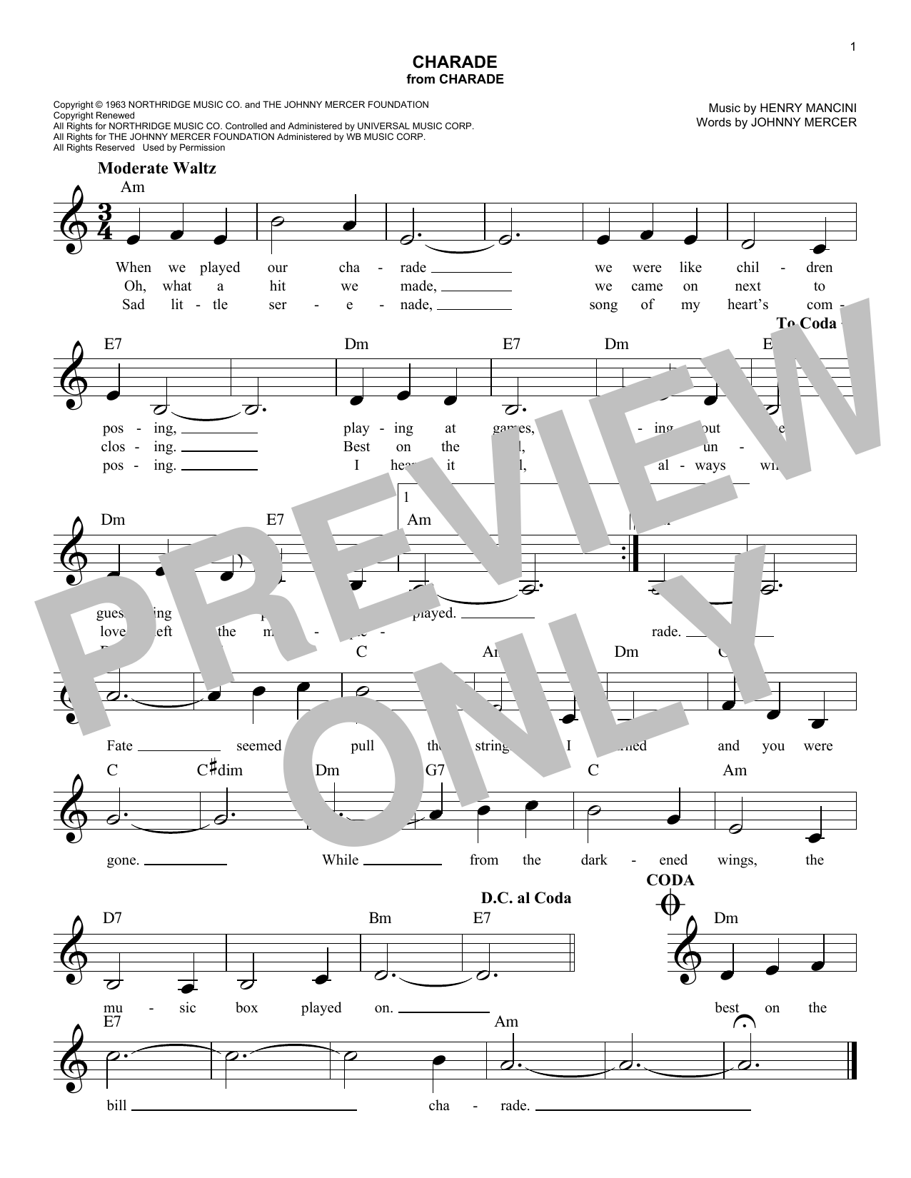 Johnny Mercer Charade Sheet Music Notes & Chords for Melody Line, Lyrics & Chords - Download or Print PDF