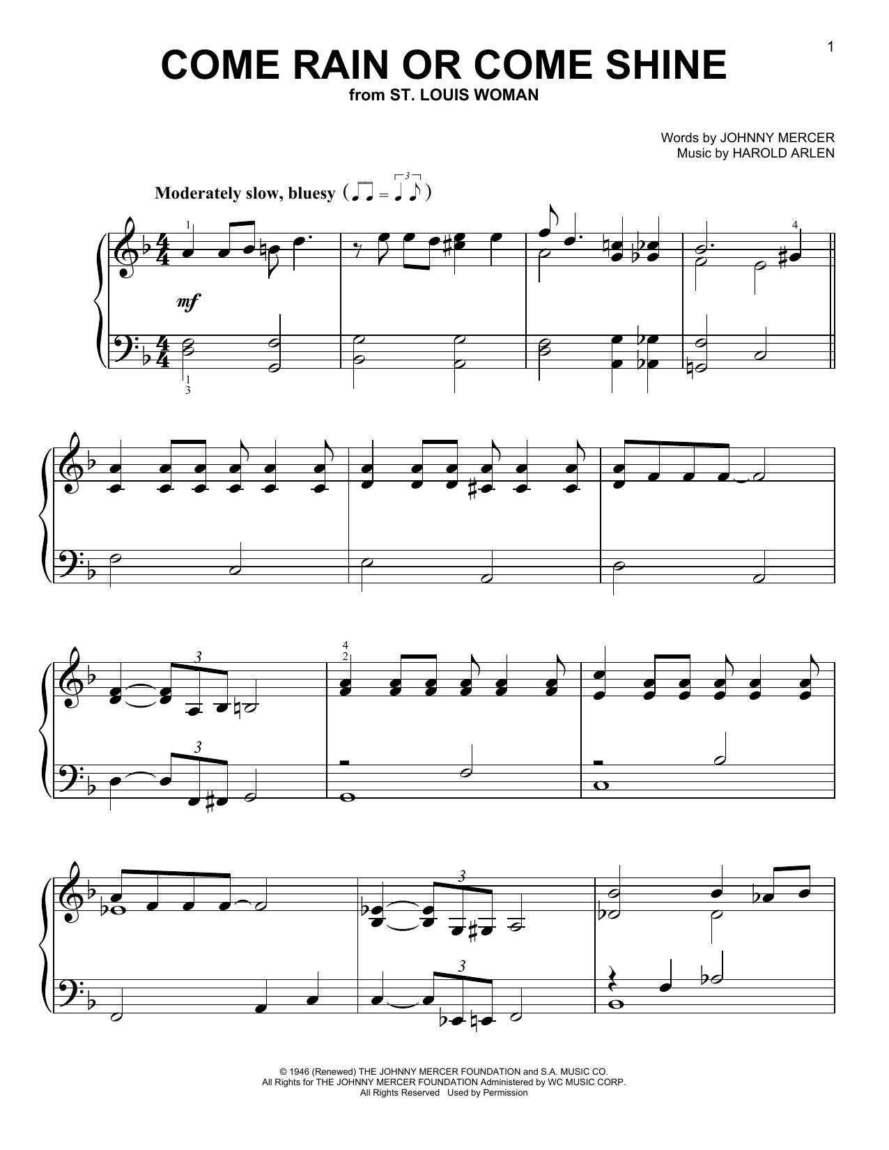 Johnny Mercer Come Rain Or Come Shine Sheet Music Notes & Chords for Super Easy Piano - Download or Print PDF
