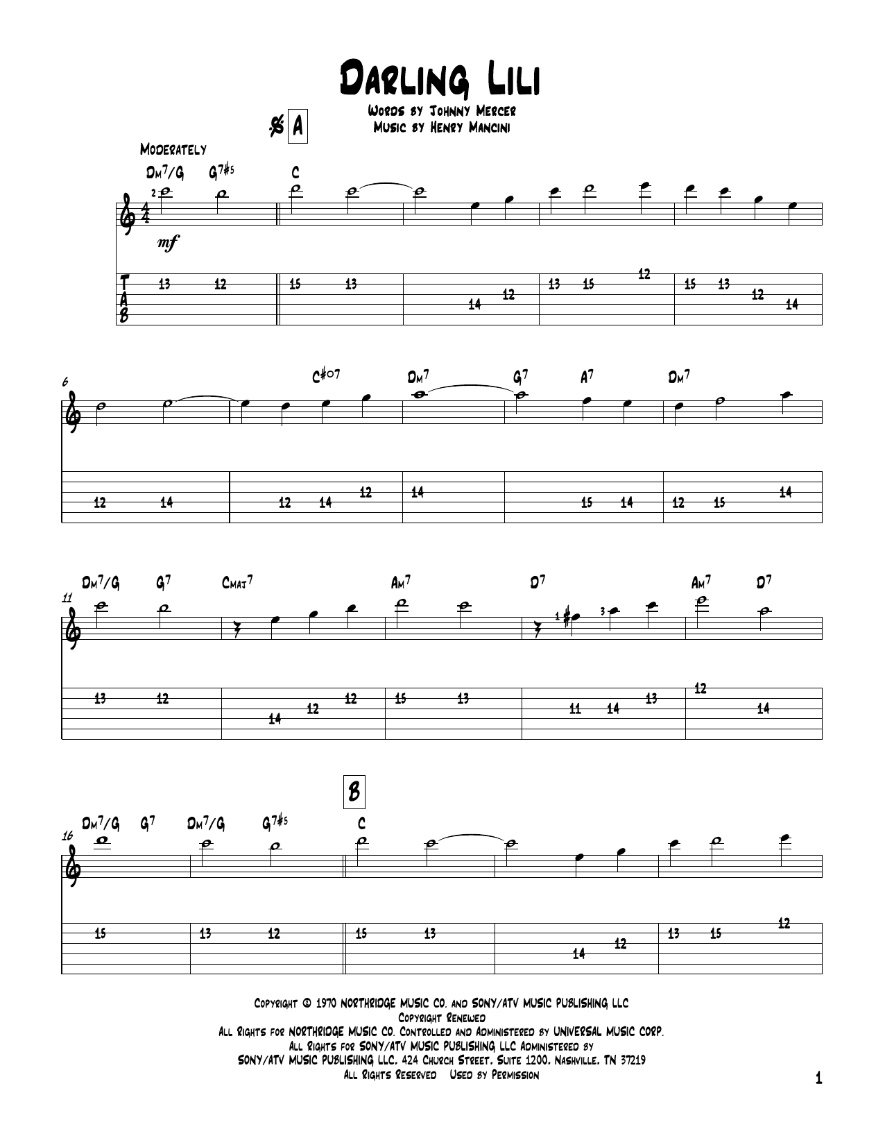 Johnny Mercer Darling Lili Sheet Music Notes & Chords for Guitar Tab - Download or Print PDF