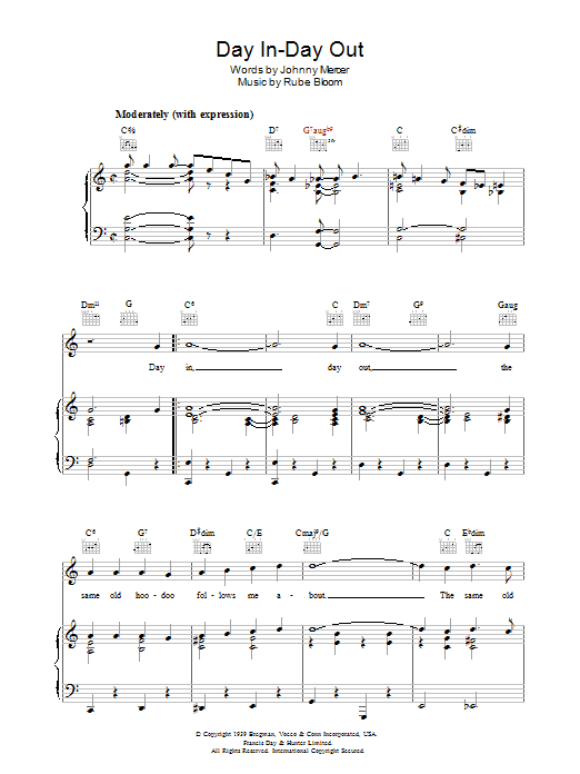 Johnny Mercer Day In, Day Out Sheet Music Notes & Chords for Piano, Vocal & Guitar (Right-Hand Melody) - Download or Print PDF