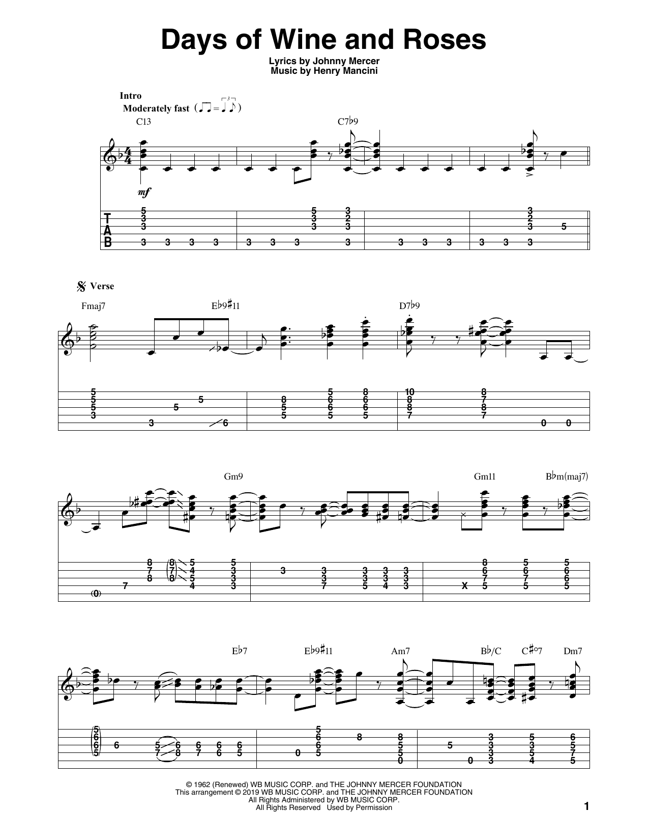 Johnny Mercer Days Of Wine And Roses (arr. Bill LaFleur) Sheet Music Notes & Chords for Solo Guitar Tab - Download or Print PDF