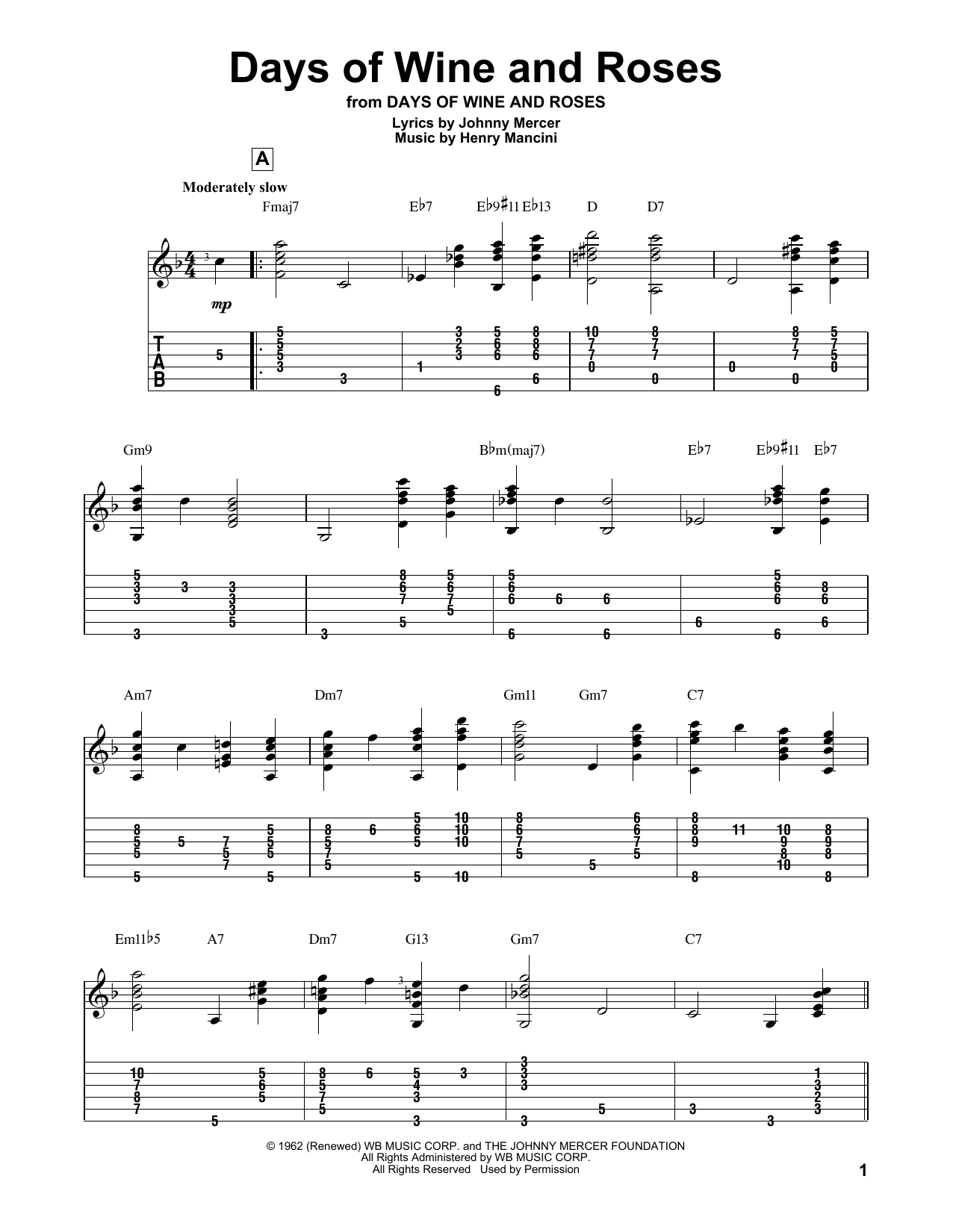 Johnny Mercer Days Of Wine And Roses Sheet Music Notes & Chords for Melody Line, Lyrics & Chords - Download or Print PDF