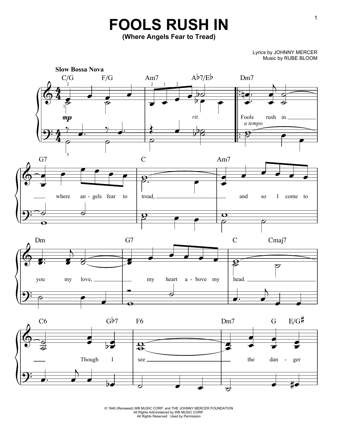 Johnny Mercer Fools Rush In (Where Angels Fear To Tread) Sheet Music Notes & Chords for Easy Piano - Download or Print PDF