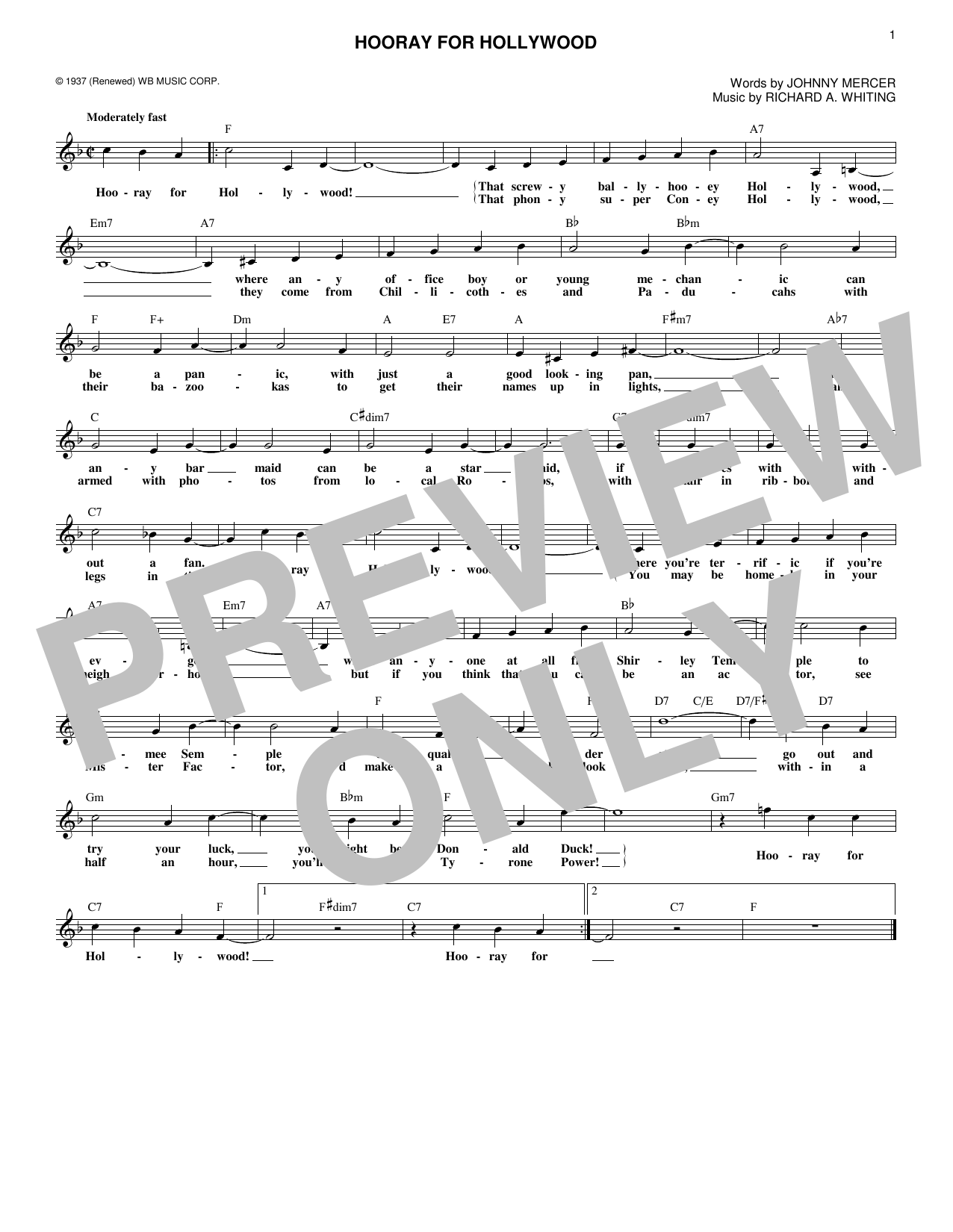 Johnny Mercer Hooray For Hollywood Sheet Music Notes & Chords for Piano, Vocal & Guitar Chords (Right-Hand Melody) - Download or Print PDF