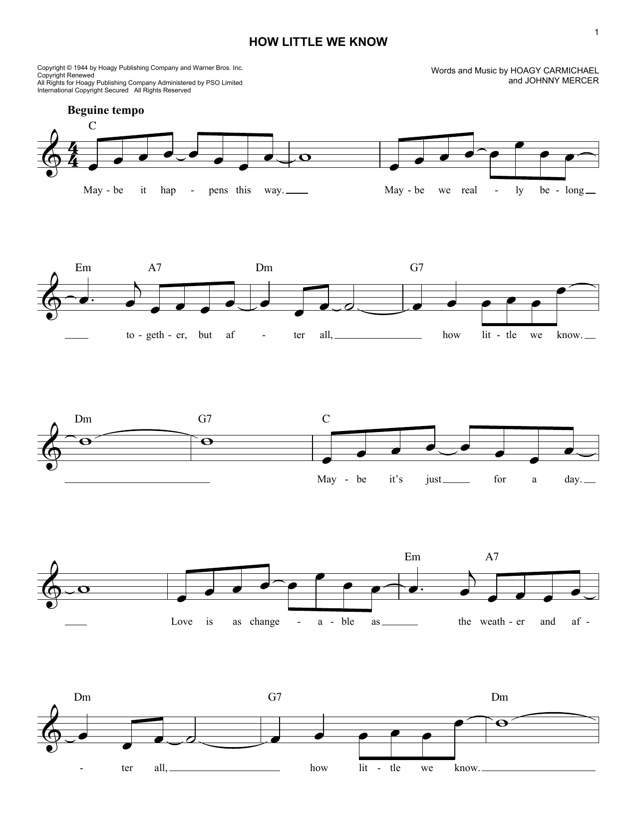 Johnny Mercer How Little We Know Sheet Music Notes & Chords for Melody Line, Lyrics & Chords - Download or Print PDF