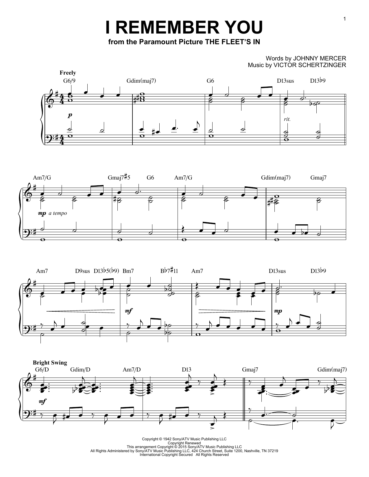 Johnny Mercer I Remember You [Jazz version] (arr. Brent Edstrom) Sheet Music Notes & Chords for Piano - Download or Print PDF
