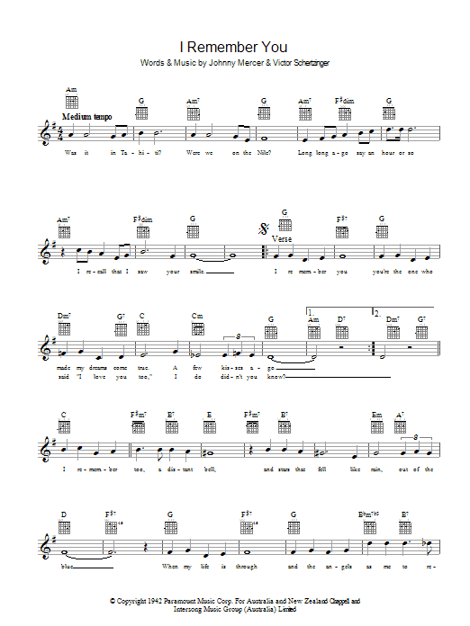 Johnny Mercer I Remember You Sheet Music Notes & Chords for Melody Line, Lyrics & Chords - Download or Print PDF