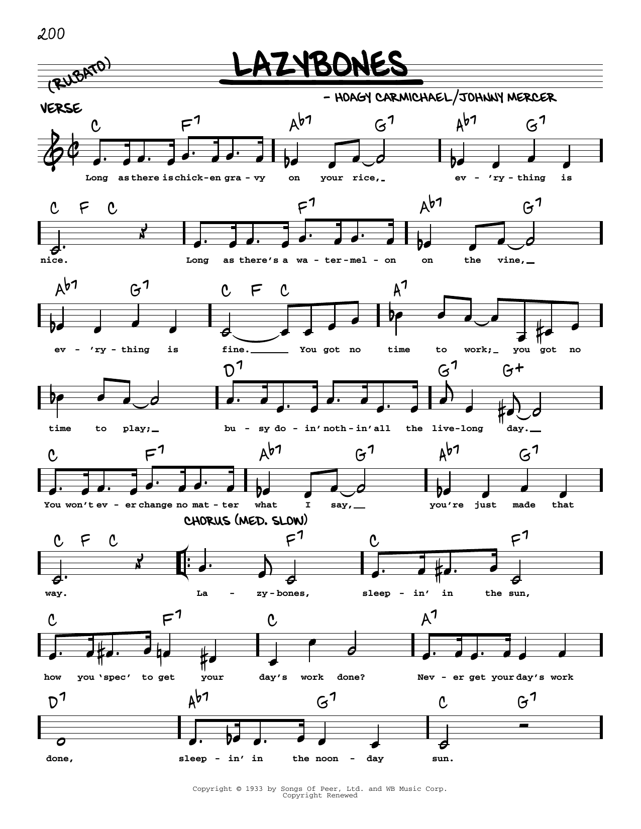 Johnny Mercer Lazybones (arr. Robert Rawlins) Sheet Music Notes & Chords for Real Book – Melody, Lyrics & Chords - Download or Print PDF
