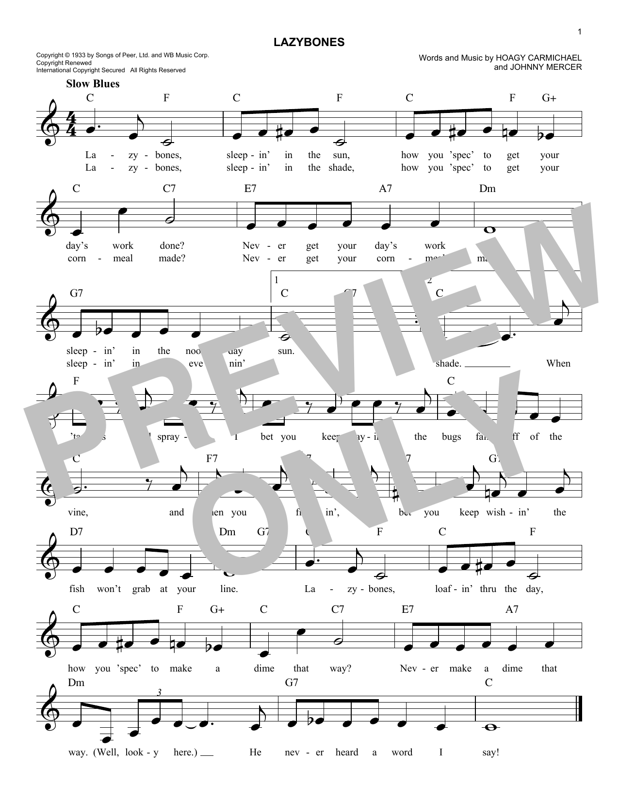 Johnny Mercer Lazybones Sheet Music Notes & Chords for Piano, Vocal & Guitar (Right-Hand Melody) - Download or Print PDF