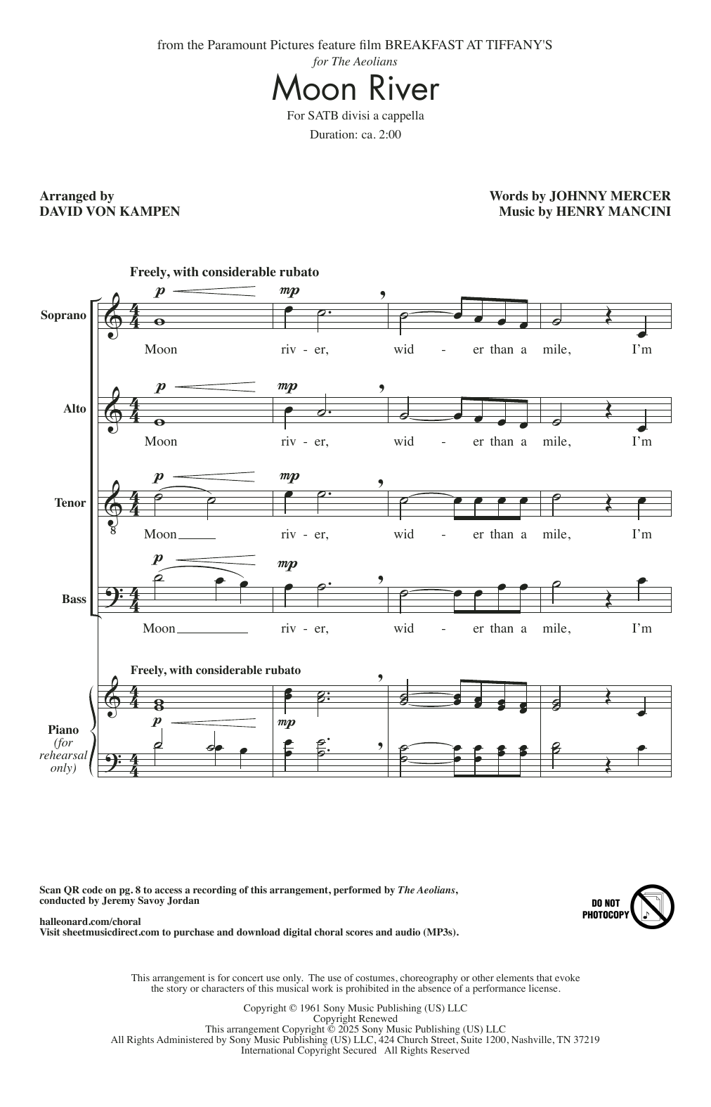 Johnny Mercer Moon River (from Breakfast At Tiffany's) (arr. David von Kampen) Sheet Music Notes & Chords for SATB Choir - Download or Print PDF