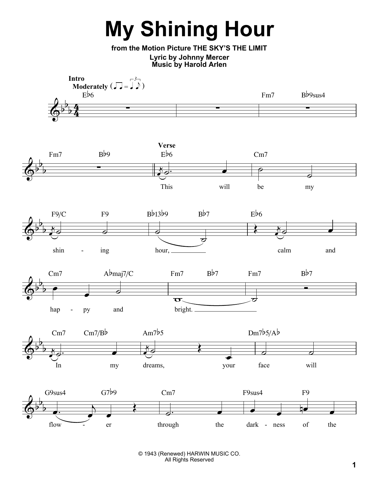 Johnny Mercer My Shining Hour Sheet Music Notes & Chords for Melody Line, Lyrics & Chords - Download or Print PDF
