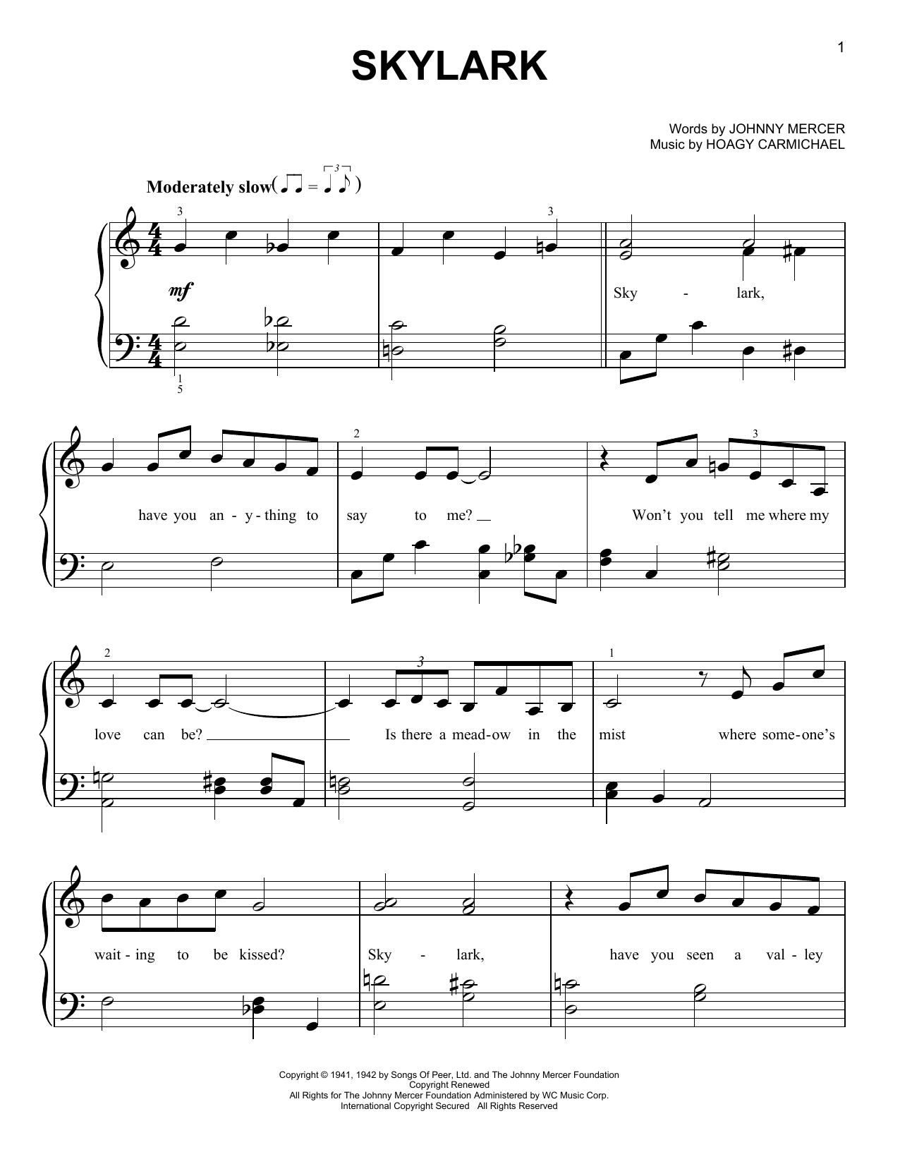 Johnny Mercer Skylark Sheet Music Notes & Chords for Very Easy Piano - Download or Print PDF