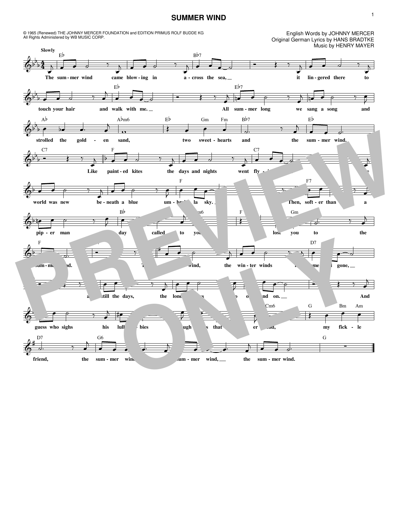 Johnny Mercer Summer Wind Sheet Music Notes & Chords for Easy Guitar - Download or Print PDF