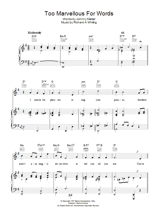 Johnny Mercer Too Marvellous For Words Sheet Music Notes & Chords for Piano, Vocal & Guitar (Right-Hand Melody) - Download or Print PDF