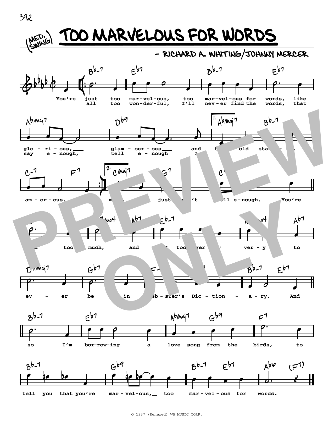 Johnny Mercer Too Marvelous For Words (High Voice) Sheet Music Notes & Chords for Real Book – Melody, Lyrics & Chords - Download or Print PDF