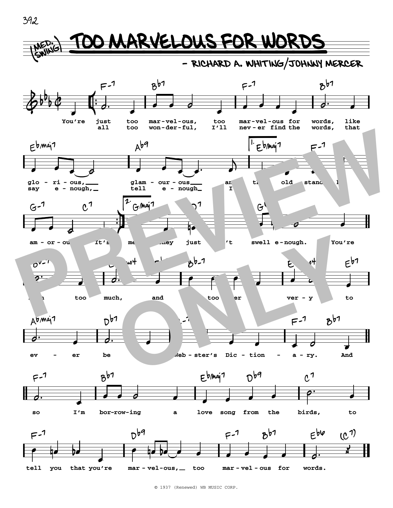 Johnny Mercer Too Marvelous For Words (Low Voice) Sheet Music Notes & Chords for Real Book – Melody, Lyrics & Chords - Download or Print PDF