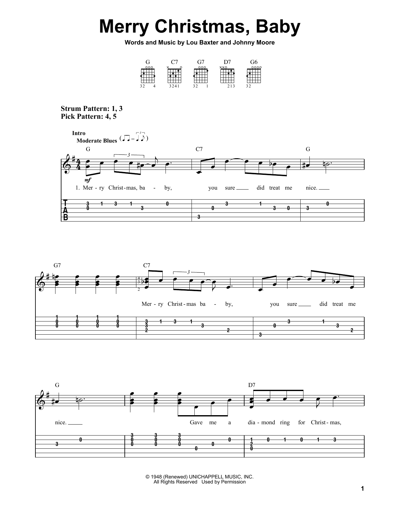 Johnny Moore Merry Christmas, Baby Sheet Music Notes & Chords for Easy Guitar Tab - Download or Print PDF