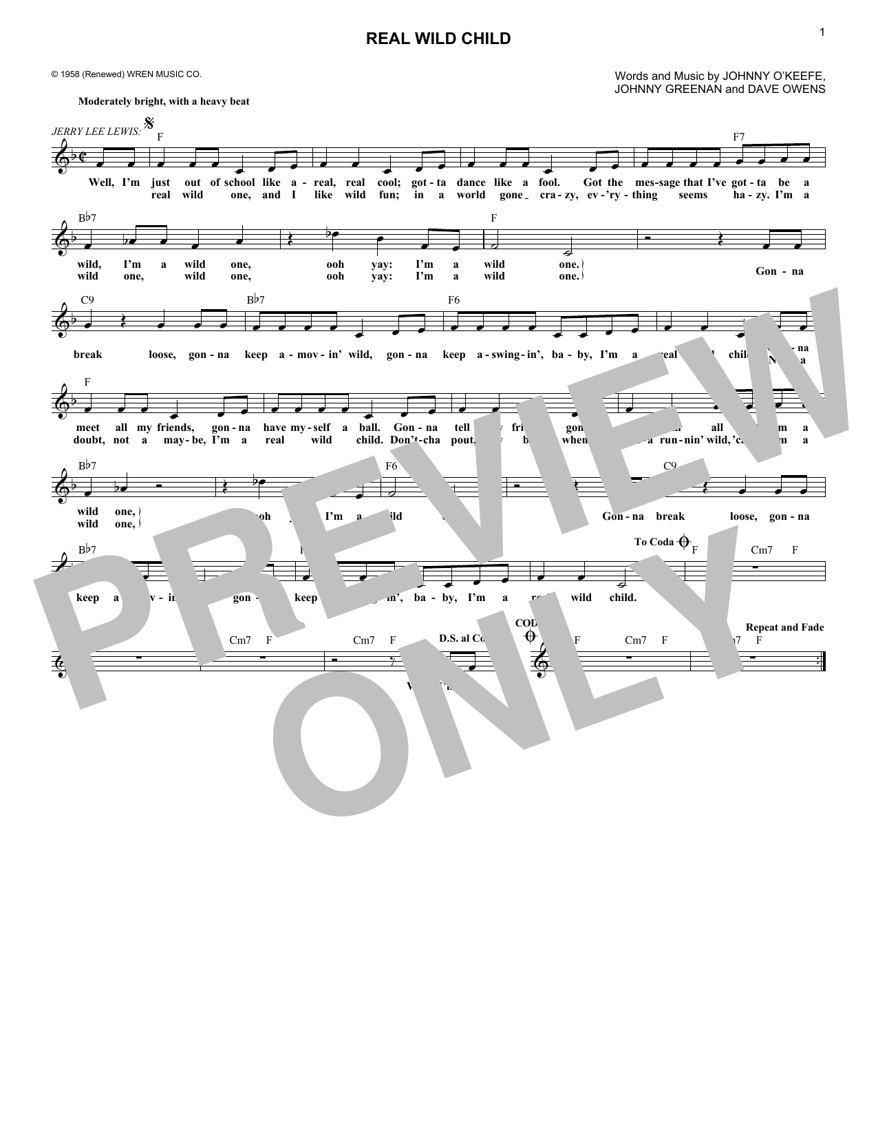 Johnny O'Keefe Real Wild Child Sheet Music Notes & Chords for Melody Line, Lyrics & Chords - Download or Print PDF