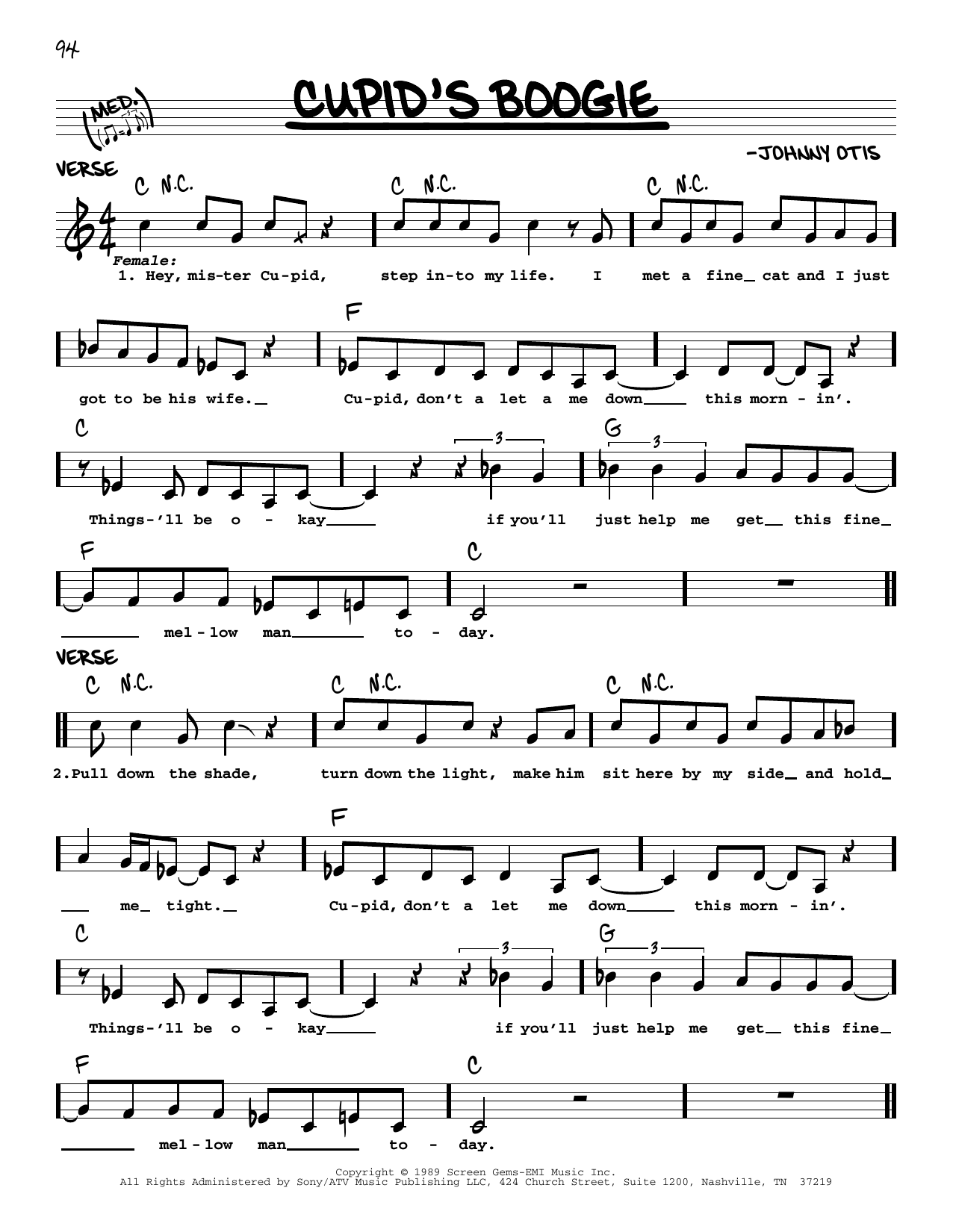 Johnny Otis Cupid's Boogie Sheet Music Notes & Chords for Real Book – Melody & Chords - Download or Print PDF