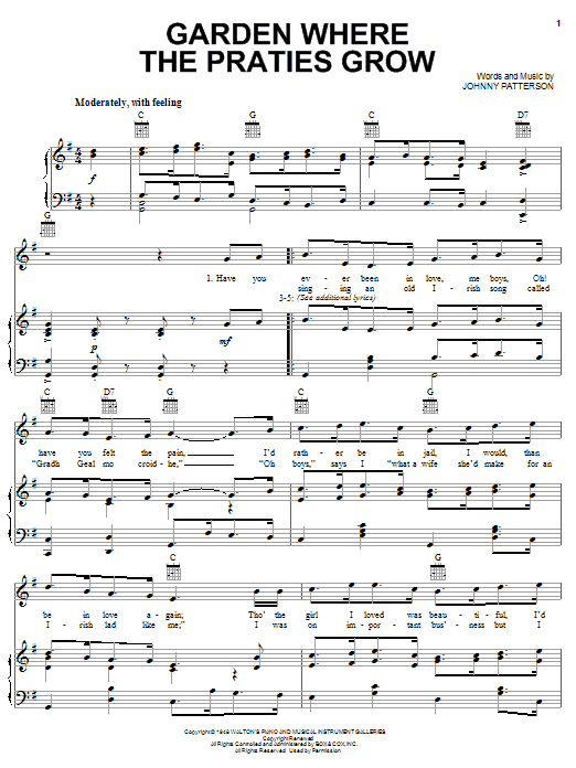 Johnny Patterson Garden Where The Praties Grow Sheet Music Notes & Chords for Piano, Vocal & Guitar (Right-Hand Melody) - Download or Print PDF