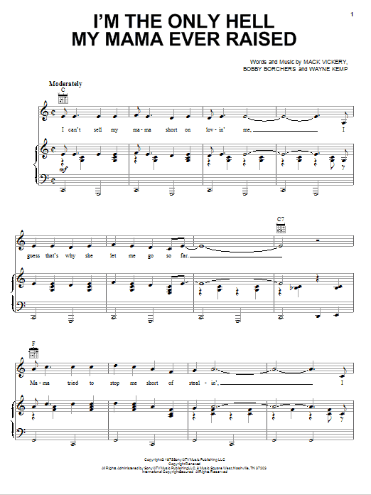 Johnny Paycheck I'm The Only Hell My Mama Ever Raised Sheet Music Notes & Chords for Piano, Vocal & Guitar (Right-Hand Melody) - Download or Print PDF