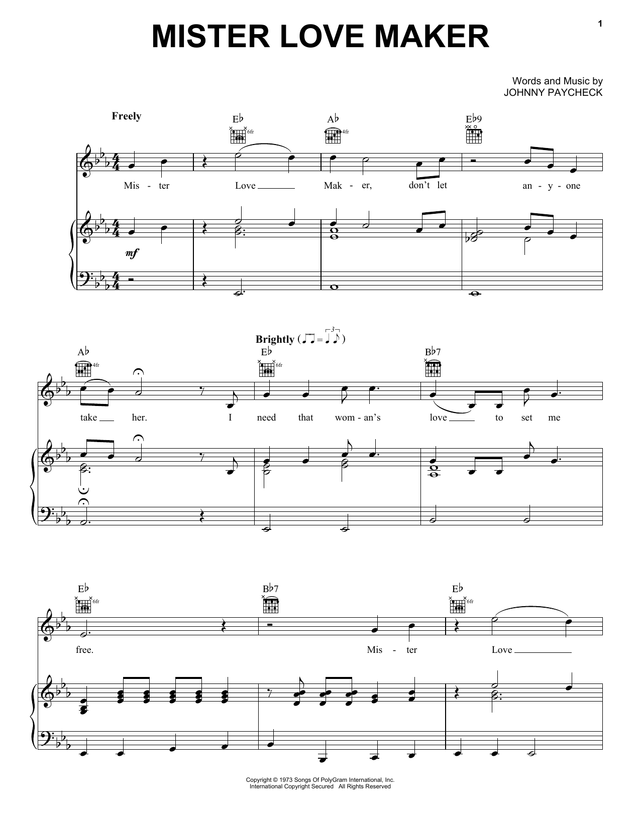 Johnny Paycheck Mister Love Maker Sheet Music Notes & Chords for Piano, Vocal & Guitar Chords (Right-Hand Melody) - Download or Print PDF