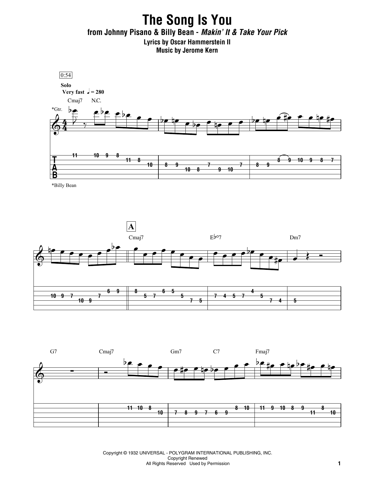 Johnny Pisano & Billy Bean The Song Is You Sheet Music Notes & Chords for Electric Guitar Transcription - Download or Print PDF