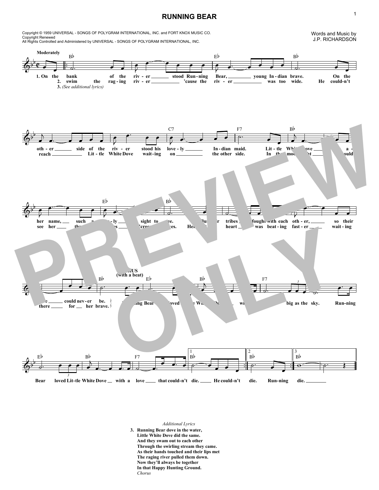 Johnny Preston Running Bear Sheet Music Notes & Chords for Melody Line, Lyrics & Chords - Download or Print PDF
