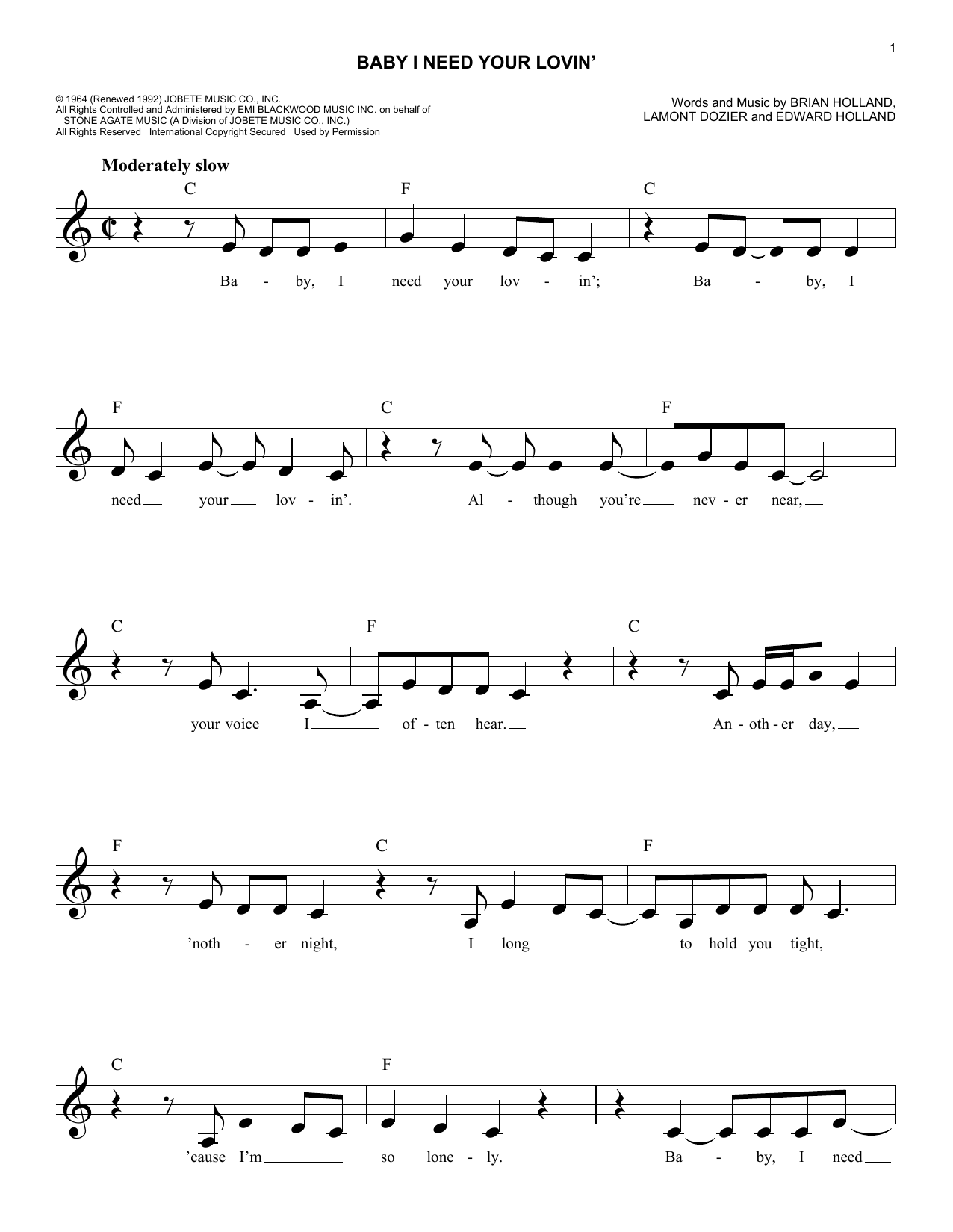 Johnny Rivers Baby I Need Your Lovin' Sheet Music Notes & Chords for Melody Line, Lyrics & Chords - Download or Print PDF