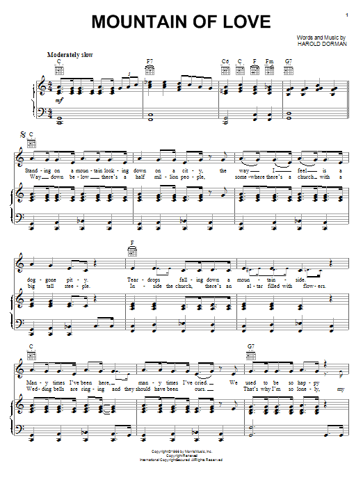 Charley Pride Mountain Of Love Sheet Music Notes & Chords for Piano, Vocal & Guitar (Right-Hand Melody) - Download or Print PDF