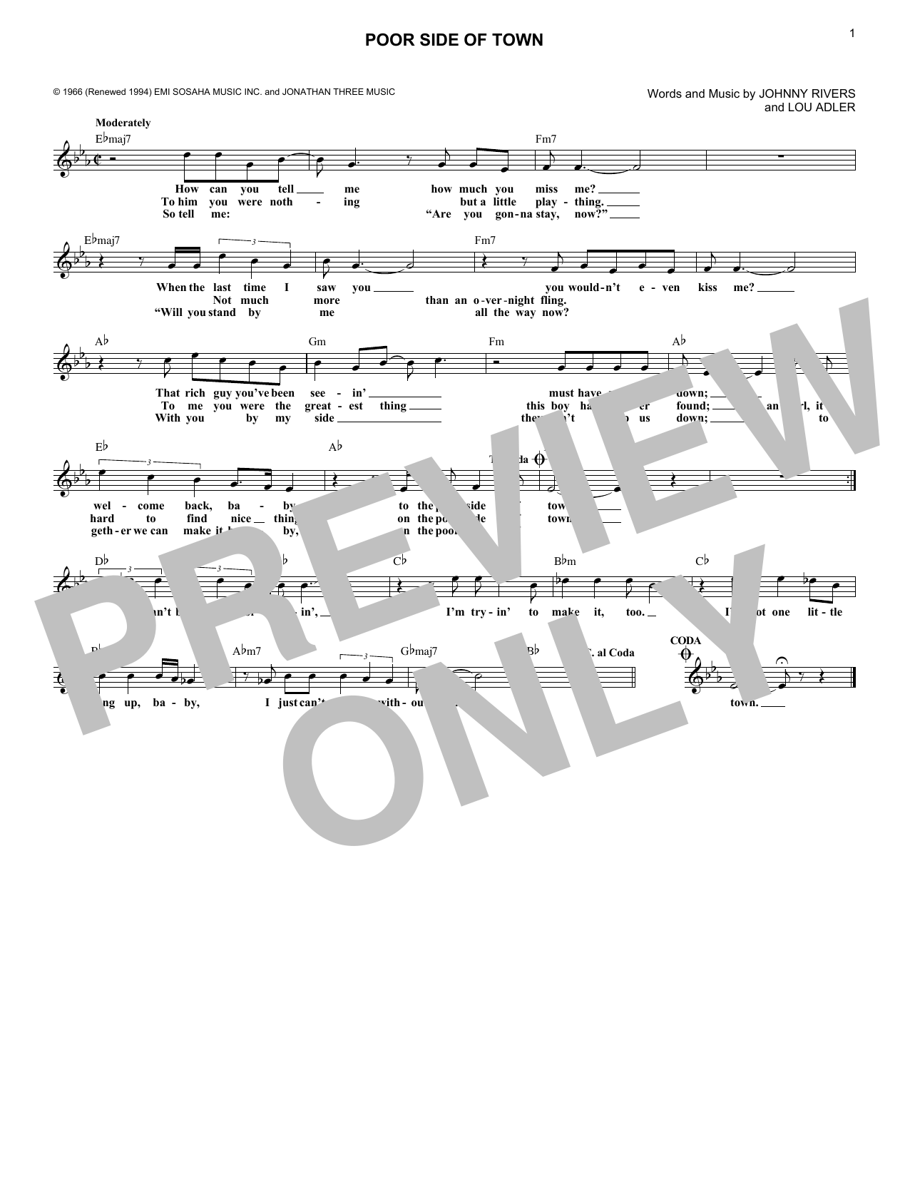 Johnny Rivers Poor Side Of Town Sheet Music Notes & Chords for Lead Sheet / Fake Book - Download or Print PDF