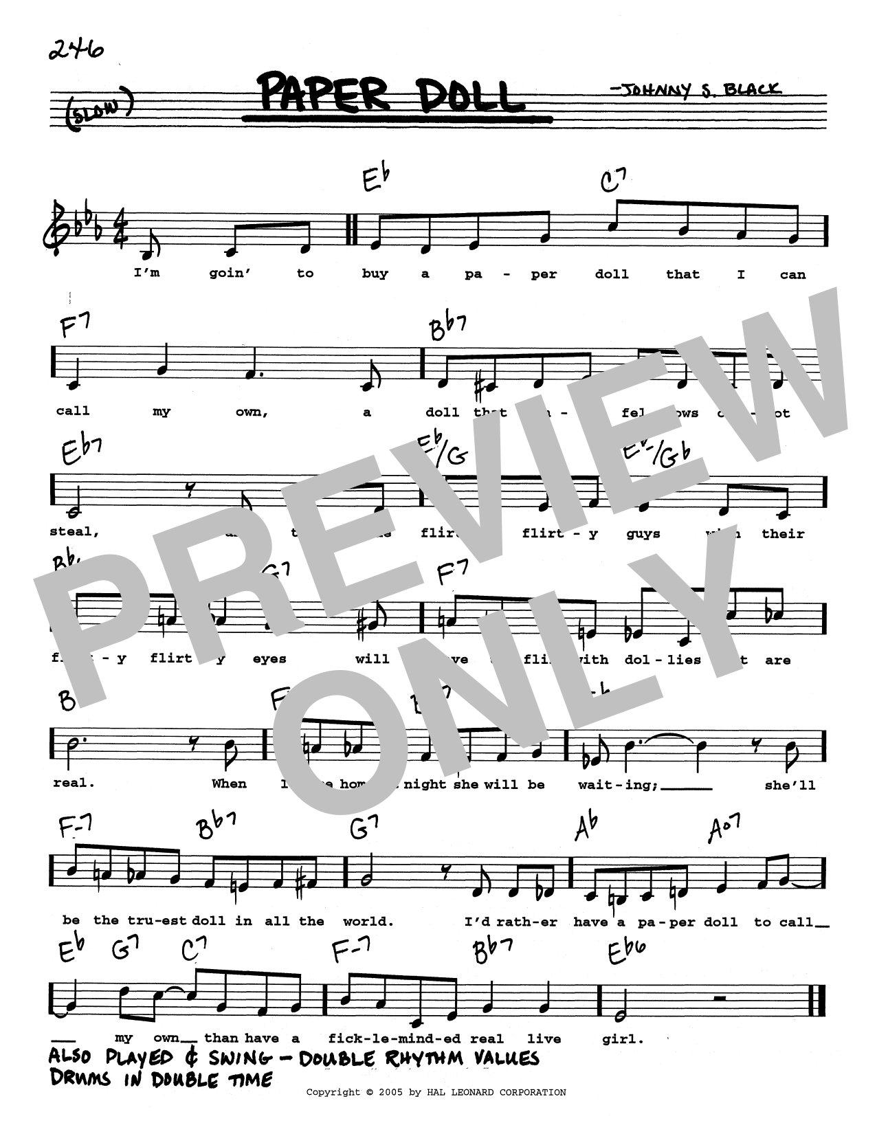 Johnny S. Black Paper Doll (Low Voice) Sheet Music Notes & Chords for Real Book – Melody, Lyrics & Chords - Download or Print PDF